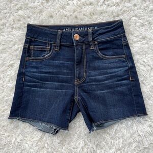 American‎ Eagle Outfitters Hi Rise Denim Shorts Blue Distressed Hem Size 0 EUC